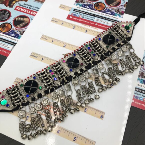 Black Stone Choker, Handmade Afghan Choker with Stones and Silver Beads, Kuchi - Picture 13 of 13